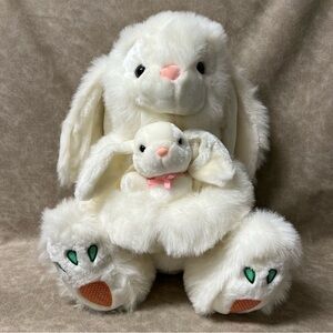 Vintage White Bunny Rabbit w/Baby & Carrot Feet Plush Stuffed Animal 20"